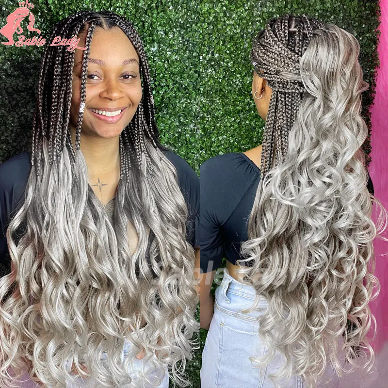 Sintético francês cachos trançando peruca para mulheres negras, Faux Locs, caixa Jumbo, Cornrow trançado perucas, Full Lace Front perucas, final encaracolado, 26"