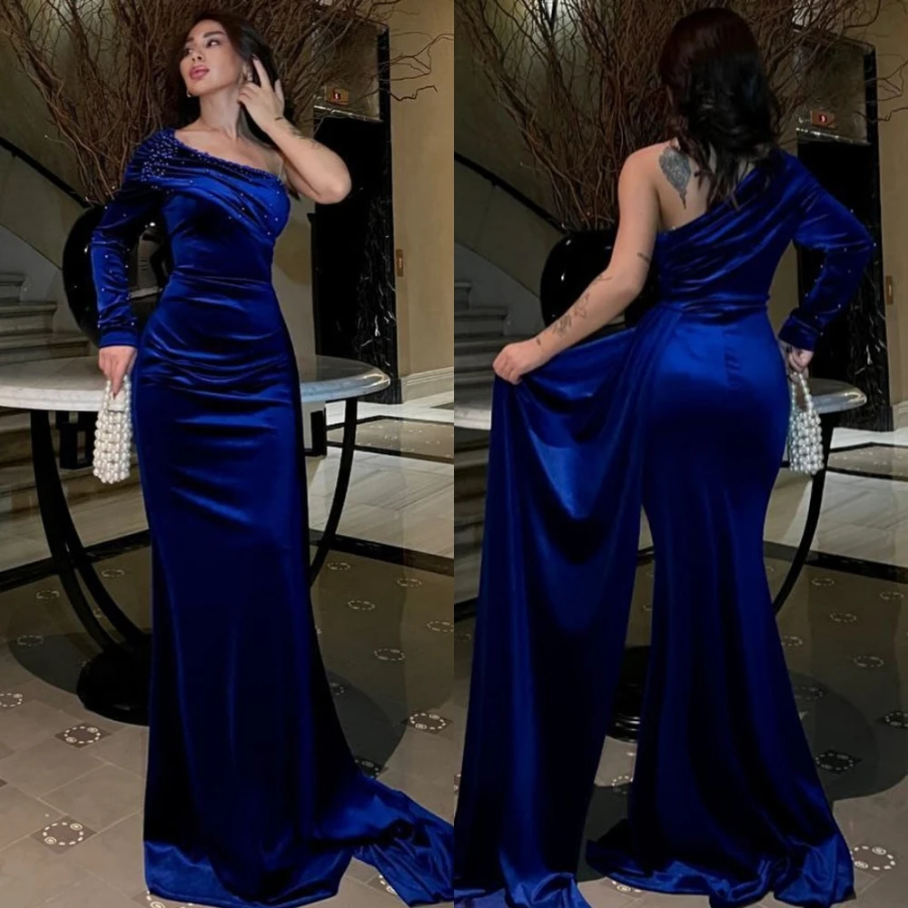 

Customized Graceful One Shoulder Evening Dress and Fashion Velvet Special Occasion Gowns and Delicate Pearls Celebrity Gowns