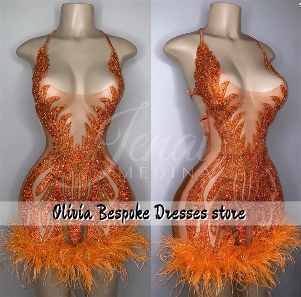 Lively Orange Homecoming Prom Dresses Black Girls Crystal Beading Feathers Halter Mini Cocktail Gowns Birthday Dress Luxury 2024