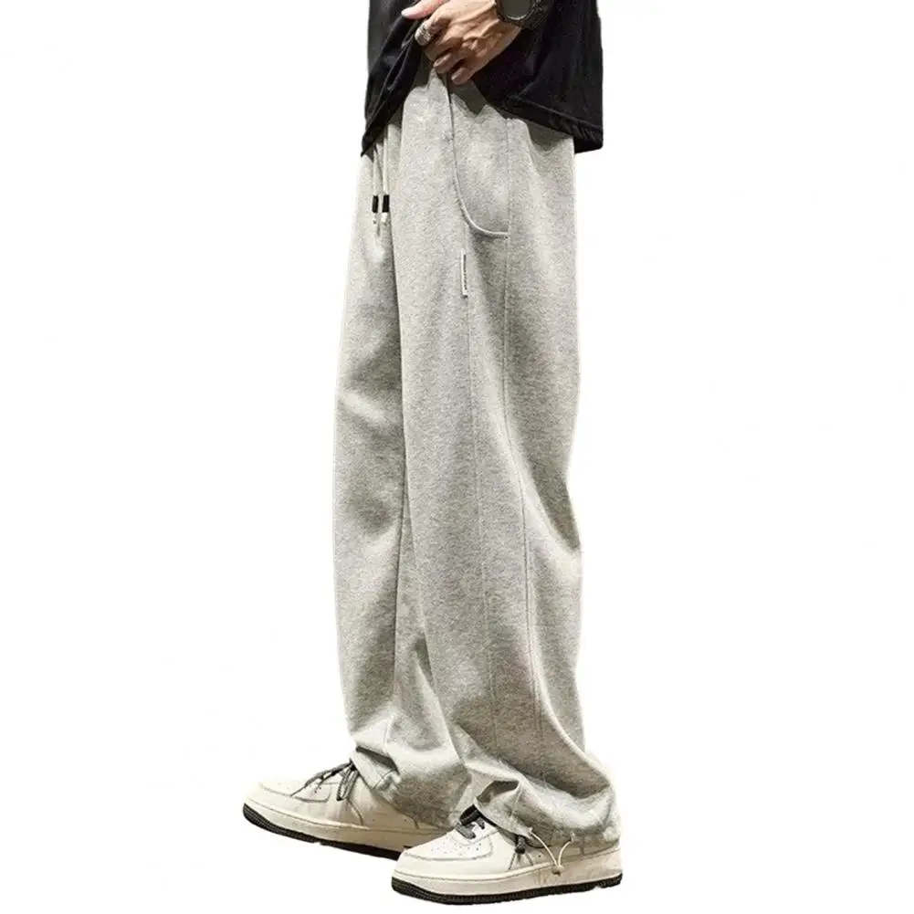 Solid Color Wide-leg Pants Thick Plush Drawstring Sweatpants with Wide Leg Pockets for Men Cozy Winter Trousers for Sports