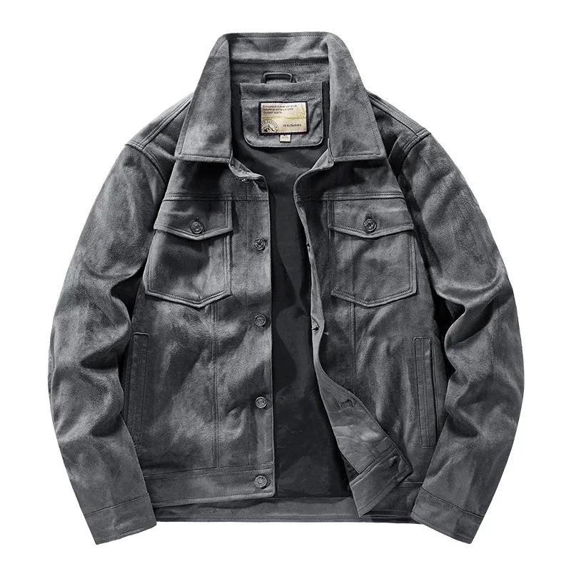 Chaqueta de ante de imitación de piloto marrón Vintage para hombre, chaqueta Cargo ligera con cuello vuelto, chaqueta informal, primavera y otoño