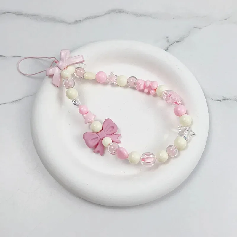 Korean Cute Charm Bear Love Heart Bowknot Phone Chains For iPhone Women Girls Jewelry Strap Beaded Lanyard Hanging Cord Bracelet
