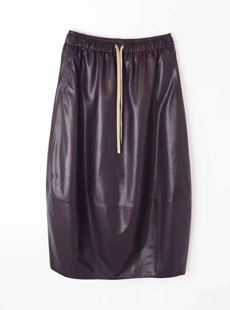 Fashion Retro Women Genuine Leather Sheepskin Loose Long Bud Skirt 80cm Elastic Waist Drawstring Wrapped Jupe Mujer Mid Length