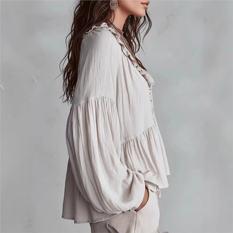 Vintage Women's Blouses Boho Casual Sweet Fungus Hem Puff Sleeve Pleated Loose Deep V-neck Long Sleeve Shirt Tops Women Clothing