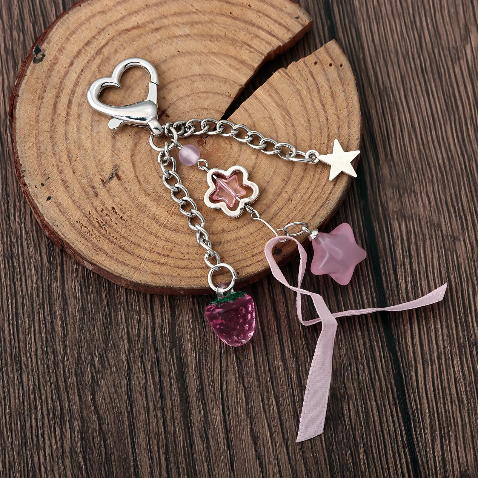 Y2k موضة زهرة ستار الحب القوس الفراولة قلادة سلسلة مفاتيح مصنوعة من الأكريليك طالب المرأة حقيبة الظهر السراويل سلسلة