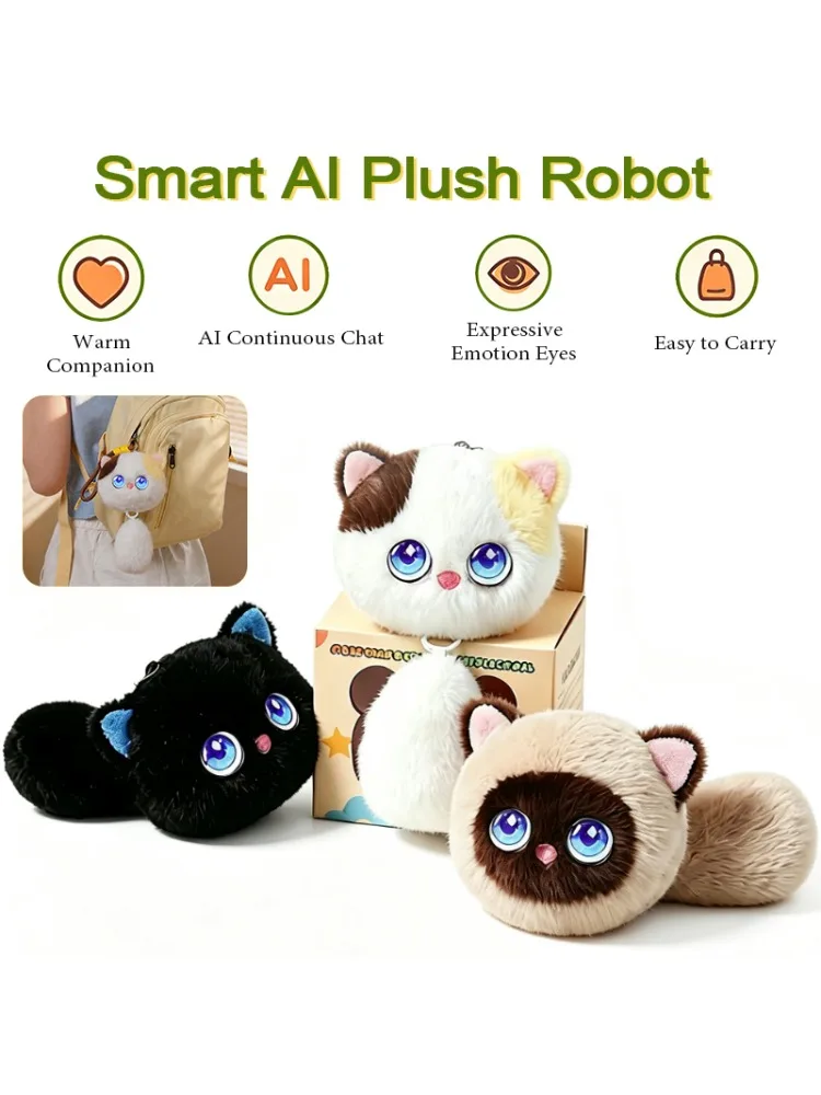 Tuya AI Intelligenter Plüschroboter mit dynamischen Emotionsaugen & Sprachsteuerung, unterstützt 66 Sprachen, niedlicher Plüschkatzen-Schlüsselanhänger als Geschenk