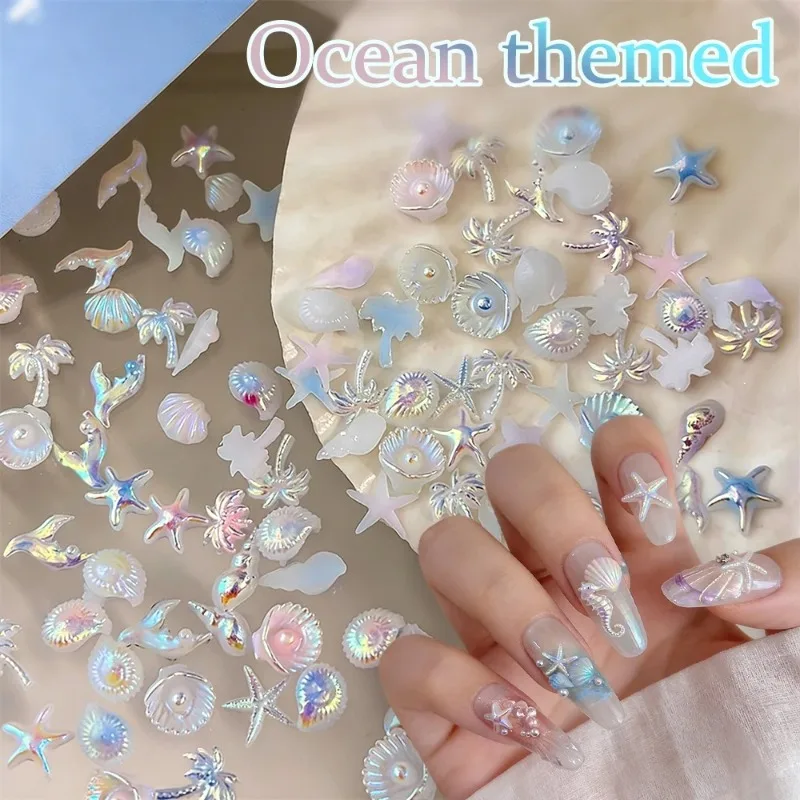 Mixed Summer Aurora Shell Nail Rhinestone Ocean Theme Starfish Coconut Tree Resin Nail Charm Decoration DIY Manicure Accessories