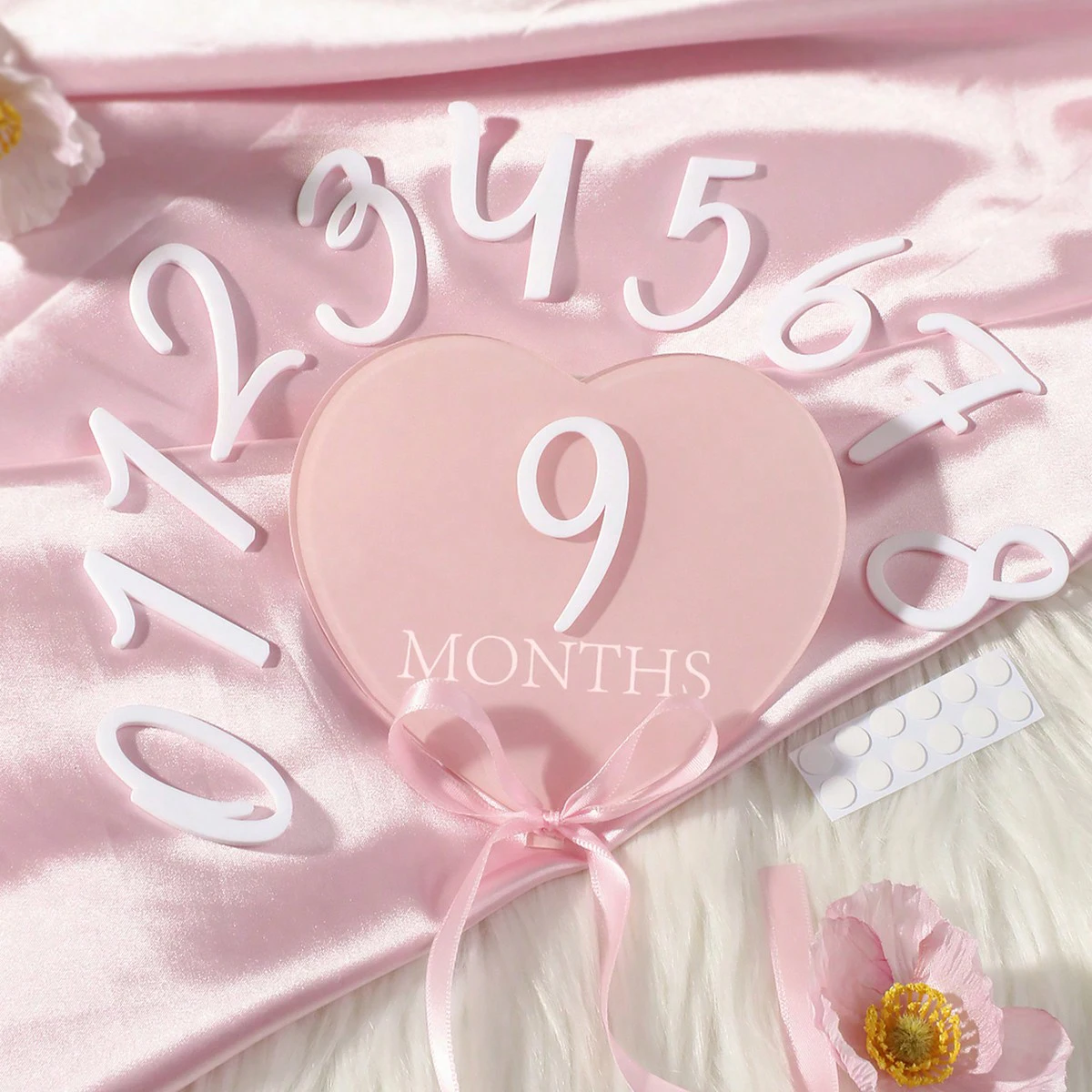 Heart Shaped Pink Baby Monthly Milestone Signs Pink Ribbon Newborn Monthly Photo Props  Matching With Number 0-12