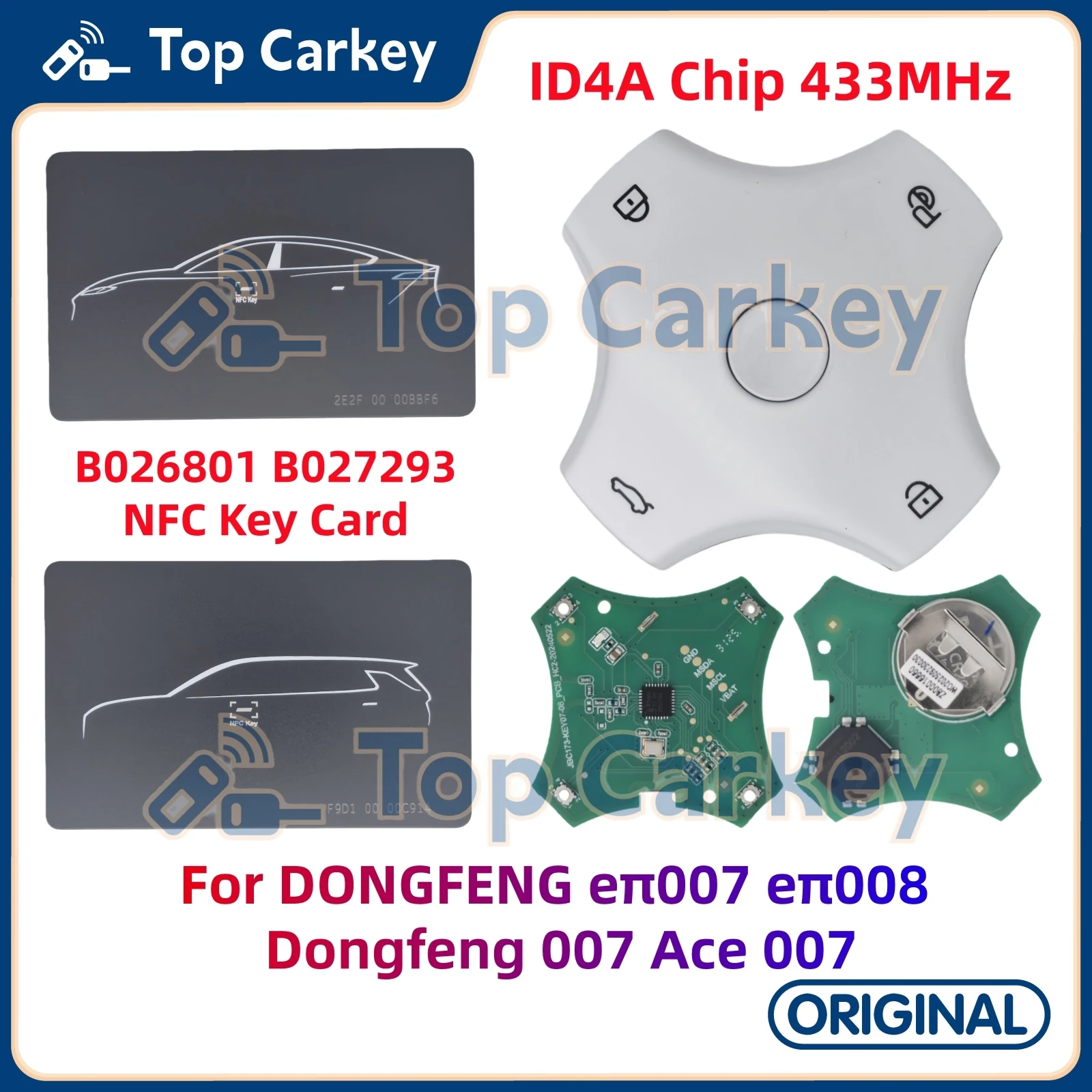 TopCarkey Original NFC Key Card Smart Remote Key ID4A Chip 433MHz for DONGFENG IPHI 007 008 Ace 007 Vigo Nammi 06
