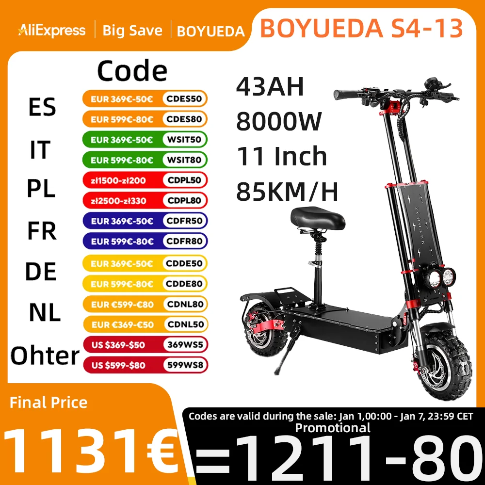 BOYUEDA S4-13 8000W High Power Dual Motor 60V 43AH Battery 13inch Folding E-Scooter Off-road Electric Scooters