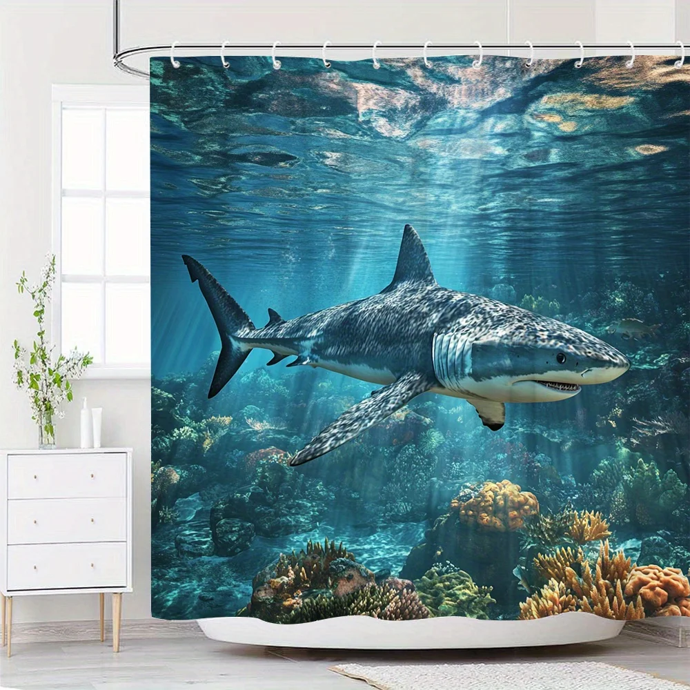 1pc Ocean Adventure Shower Curtain with Great White Shark and Vibrant Coral Reef Design, Polyester Fabric, 12 Hooks, 70x70 inche