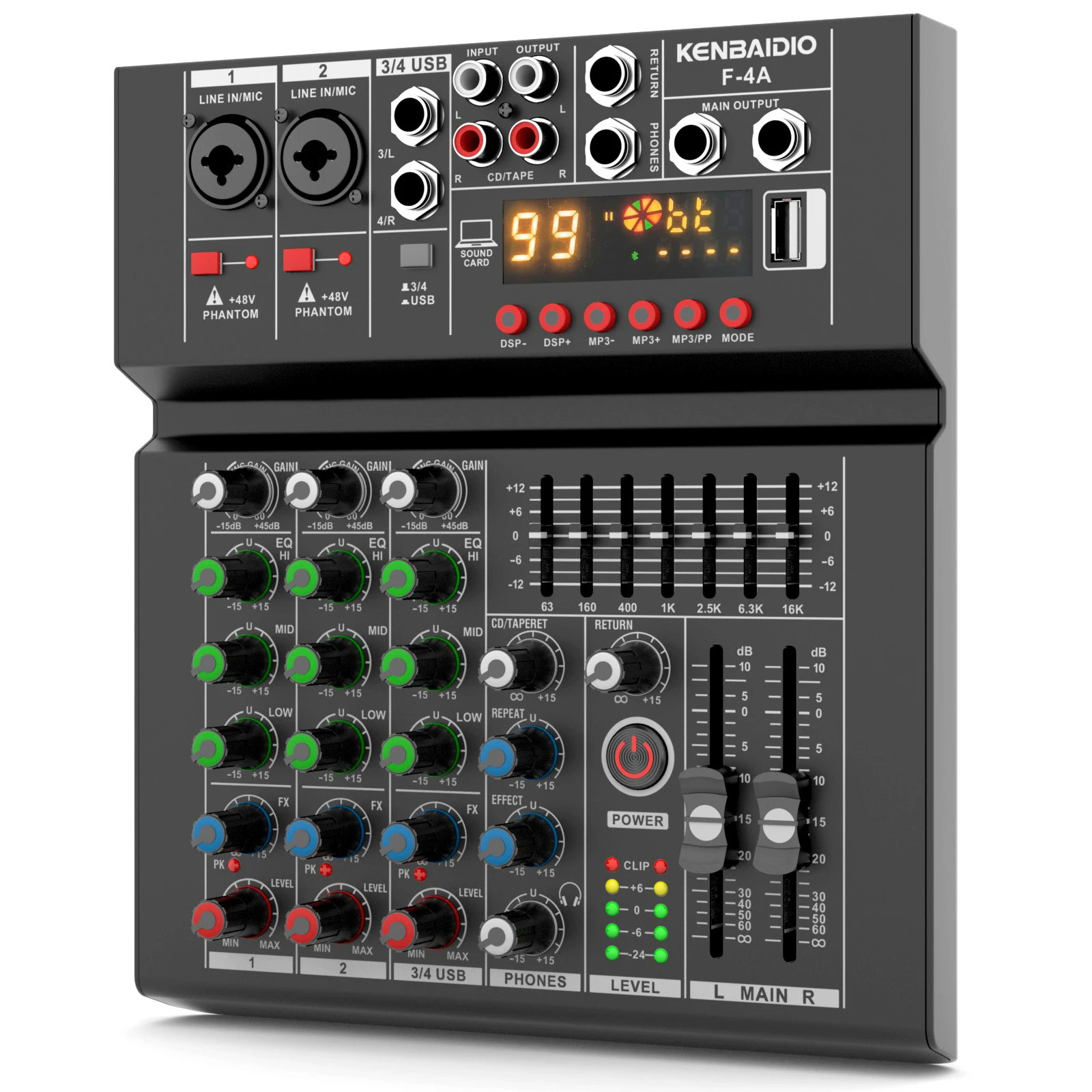 KENBAIDIO 4 Channel Audio Mixer 99 DSP, 7-Band EQ, 48V Phantom Power, USB Bluetooth MP3 Input DJ Controller Mixing for Karaoke