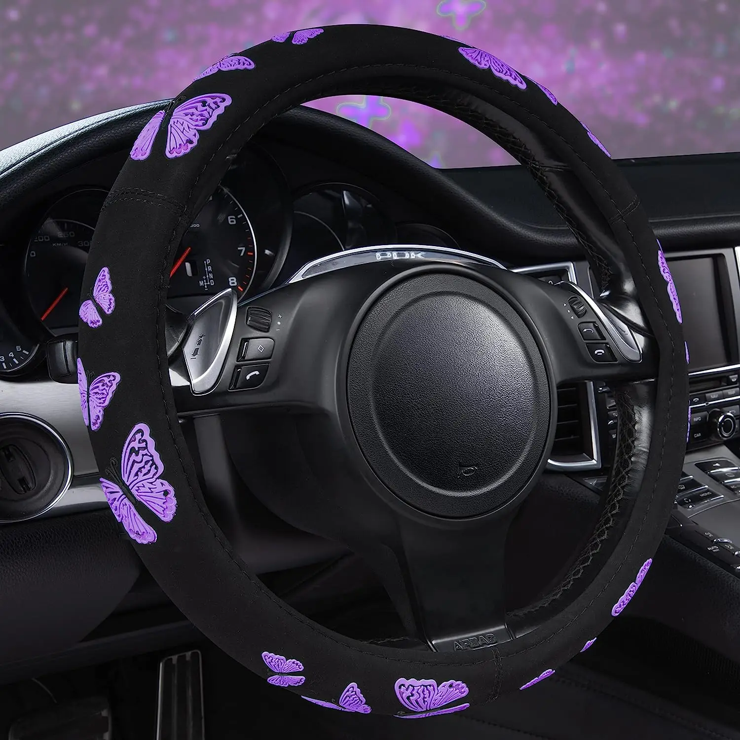 Car Purple Butterfly Steering Wheel Cover Universal Fit for Suvs Trucks Sedans Cars for Cute Women Girly Black and Purple