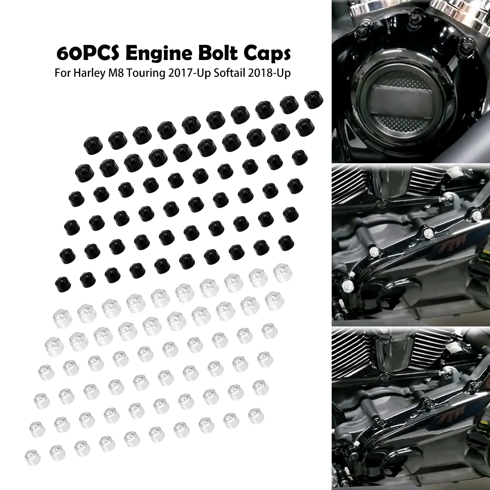 60PCS Motorcycle Engine Bolt Covers Screw Nut Cap For Harley M8 Touring Street Road Glide 2017-Up Softail Fat Boy Breakout 18-Up