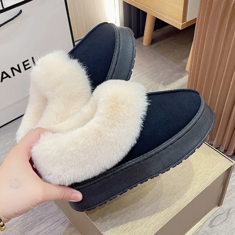 Winter Warm Thicken Plush Chunky Platform Cotton Slippers Women Flat Heels Fur Slippers Woman 2024 New Faux Suede Fluffy Shoes