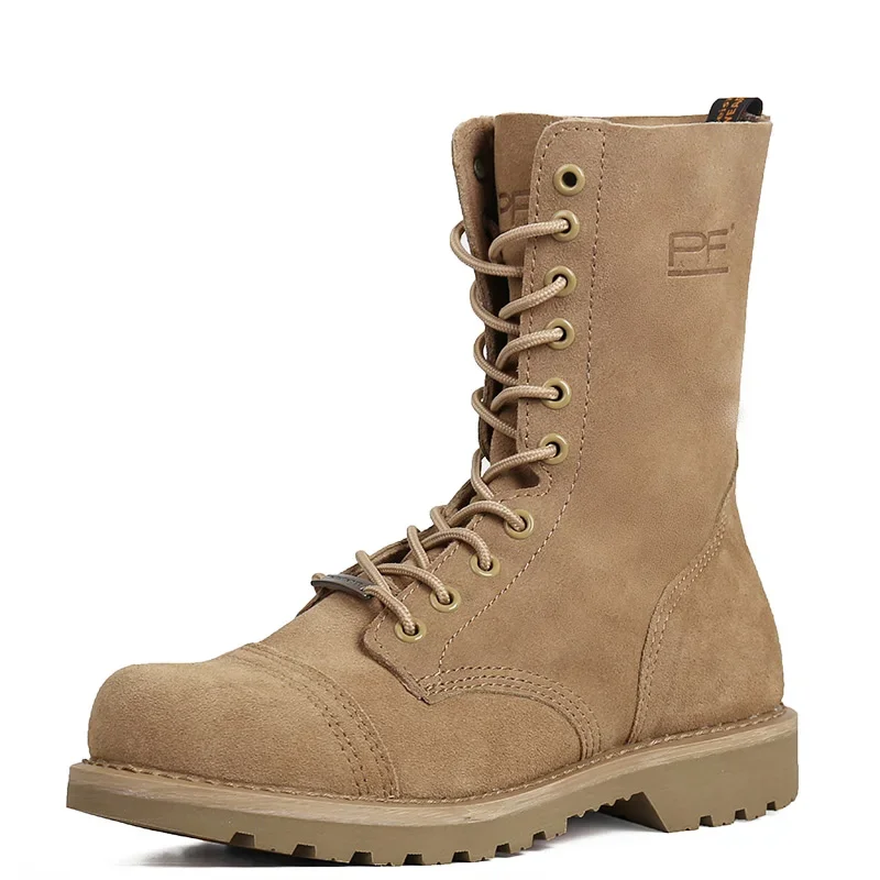 Men's Fashion Genuine Leather Motorcycle Boots Goodyear-Welted Vintage Tactical Tooling Boots Work Outdoor Mid-calf Boots Women