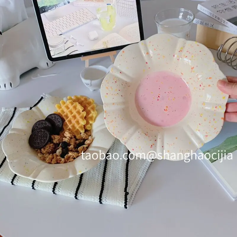 Speckled Flower Shape Ceramic Plate Irregular Scalloped Edge Salad Fruit Dish Cute Pastel Splash Ink Dinner Plate for Home