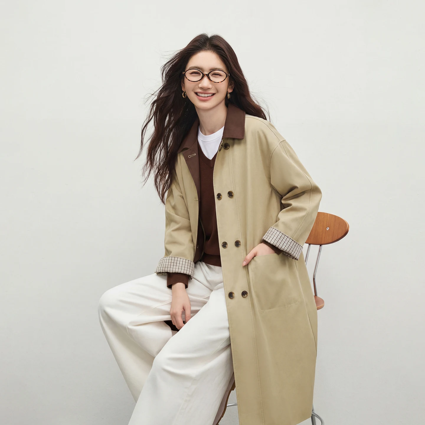 SENTUBILA Women's Fashion Khaki Trench Coat 2026 Autumn Elegant Color-block Lapel Loose Long Coats Vintage Commute Top 161FB6304