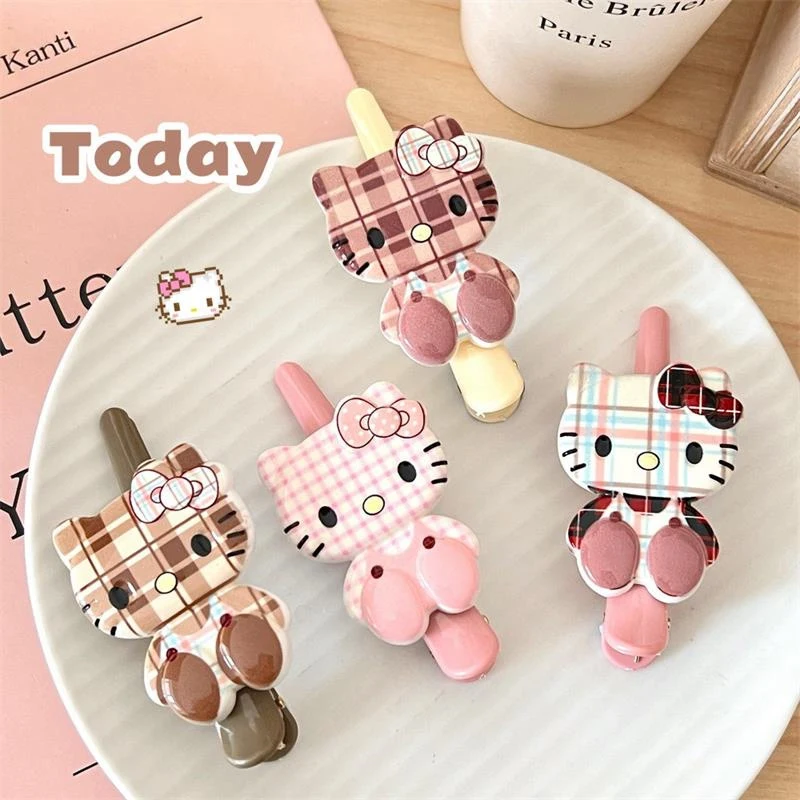 New Cute Cartoon Sanrio Checked Hello Kitty Hair Clip Girly Heart Bangs Side Clip Sweet Fashion Hair Accessories Headdress Gifts