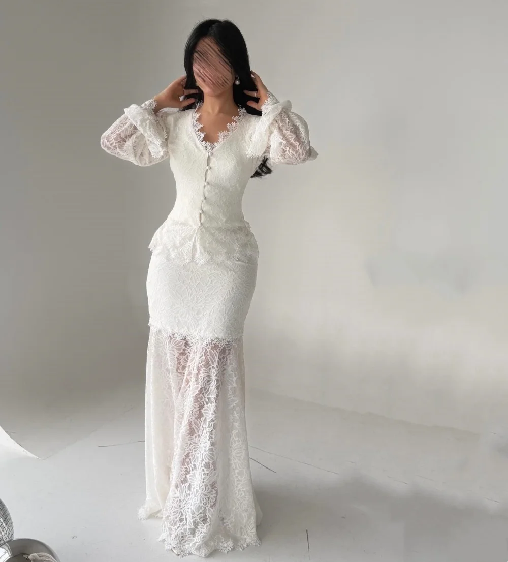 

Изысканное вечернее платье на заказ с кружевом, длинными рукавами, V-образным вырезом, фасон «труба», для вечеринок и свадеб, высокое качество