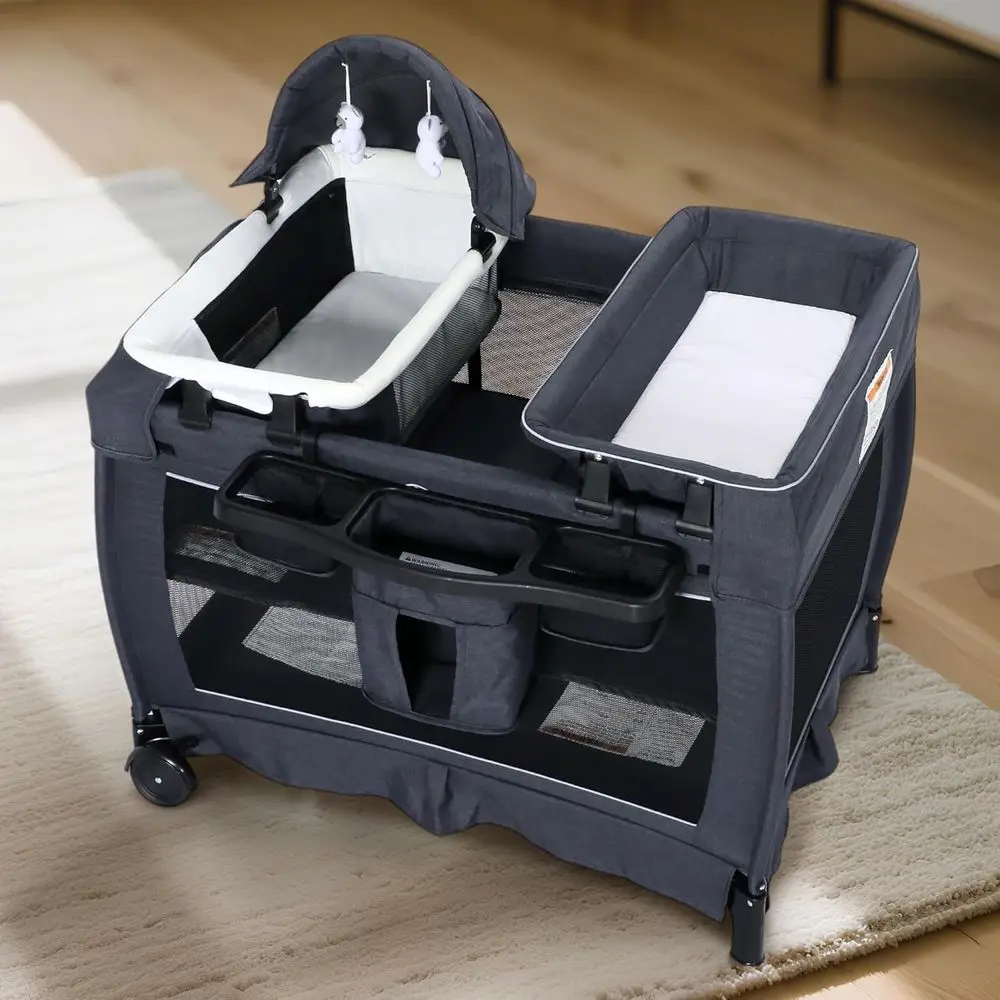 Compacte 4-in-1 speelplaats met wieg, commode en luifel, draagbare wieg voor baby's en peuters, donkergrijs