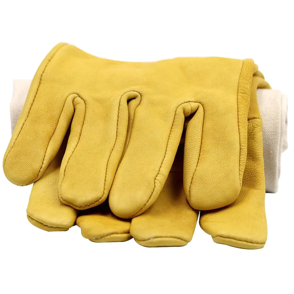 3 Pairs PU Leather Beekeeping Gloves Ventilated Canvas Yellow Thorn Proof Gloves Elastic Cuffs Thick Protected