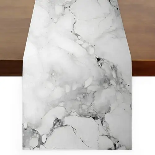 

Black & White Marble Table Runner | 13"x90" Stained Marbled Design for Dining & Holiday Decor