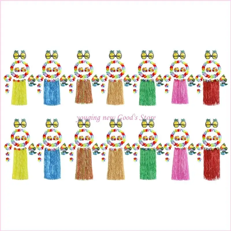 

57QA Hawaiian Hulas Skirt and Leis Set Include Headband Wristlet Necklace