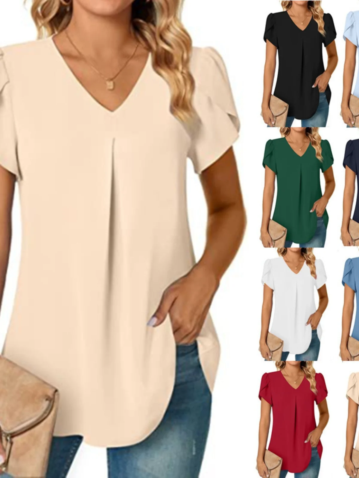 Letnia, codzienna bluzka damska z dekoltem w serek, z nadrukiem, dopasowana, z poliestru, urocza, w jednolitym kolorze, z kwiatowym wzorem.