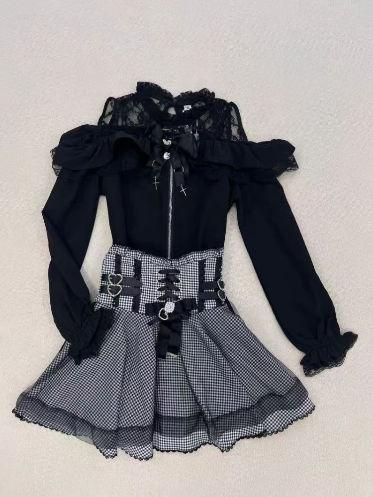 Осенний новый японский комплект из 2 предметов Darkly, женский дизайн, готические милые кружевные футболки с длинными рукавами, модная ретро клетчатая короткая юбка с бантом