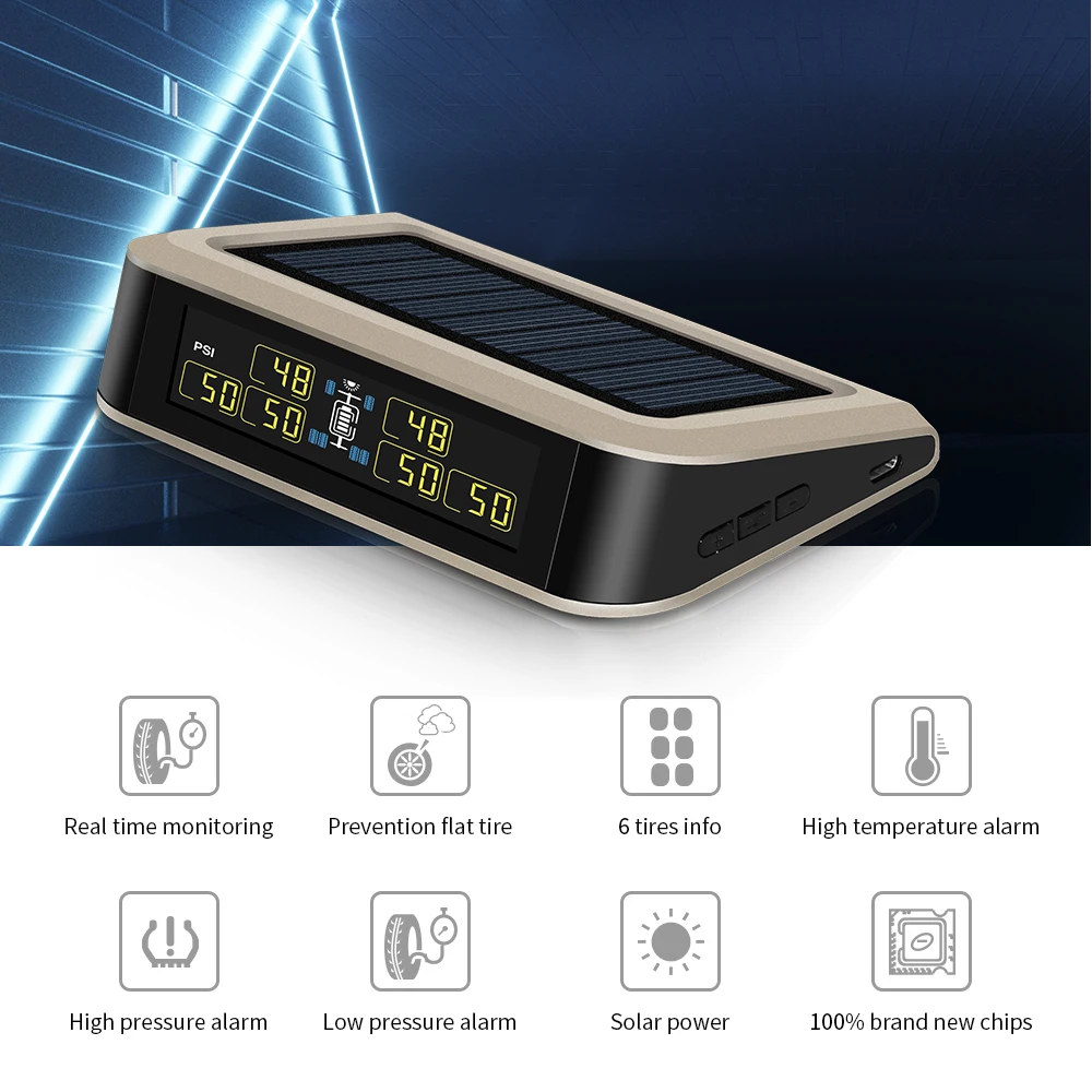 RV-LKW-Anhänger, 6 Sensoren, 6 Räder, USB, extern, kabellos, Solar-Reifendruck, Mon-Joring-System, Tpms