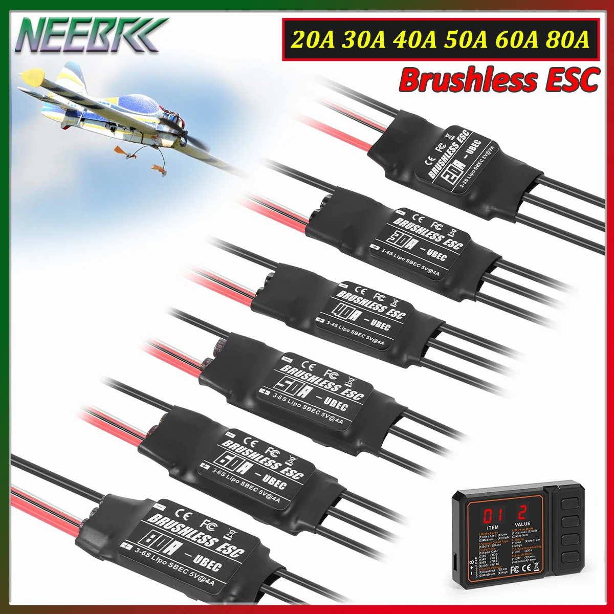 NEEBRC 20A 30A 40A 50A 60A 80A Brushless ESC Speed Controller 2-6S UBEC Program Card for RC Fixed-wing Airplane Helicopter Drone