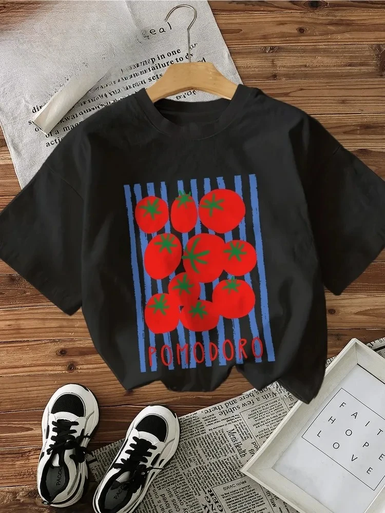 Comfortable and Fresh Style Tomato Stripe Print Summer Casual Round Neck Pure Fashionable Women T-Shirt Top