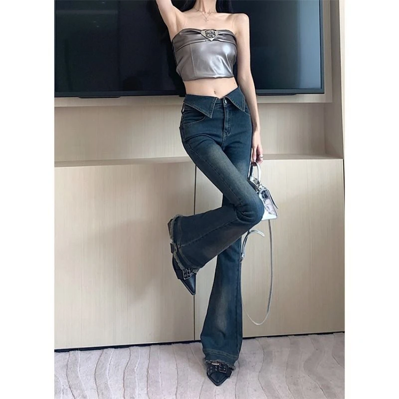 MiiiiX American Retro Cuffed Jeans Women Long Pants Autumn 2024 New Fashion Low-waisted Design Boot Cut Trousers Female Clothes