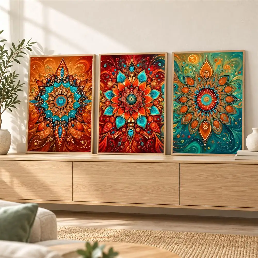 Boho Mandala Geometric Pattern Painting Calligraphy 3 Pces Canvas Poster Set Vintage Wall Art for Bedroom Living Room Home Decor