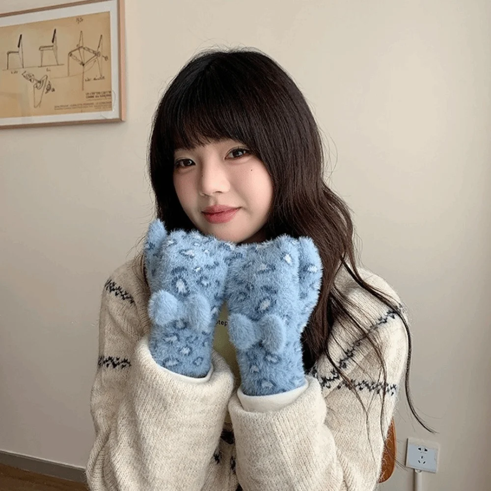 أزياء المنك المخملية خمسة أصابع قفازات ليوبارد طباعة قفازات مقاومة للبرودة الدفء الشتاء القفازات النساء #4