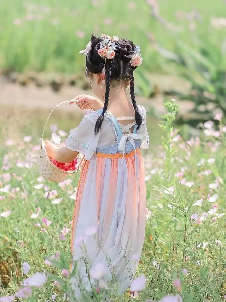 فستان ملابس صينية قديمة فائقة الجنية للفتيات ، فستان الأميرة الصغيرة ، ملابس أداء للأطفال ، الصيف