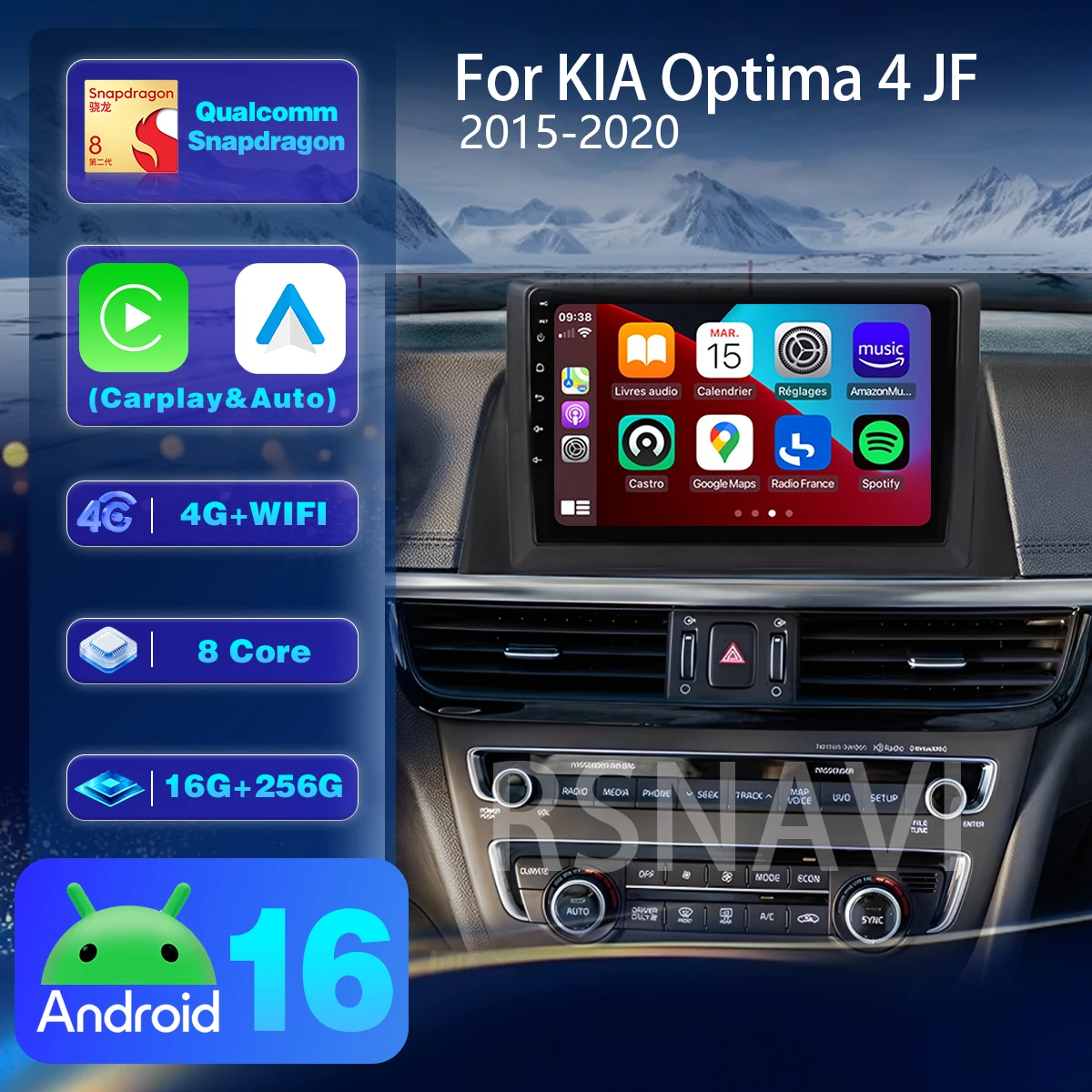 Автомагнитола RSNAVI Android 16 для Kia Optima 4 JF 2015-2020 с CarPlay, управлением через приложение, Bluetooth, мультимедийным плеером и поддержкой 4G