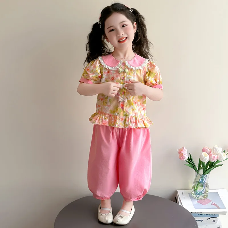Girls' Short sleeved Set Summer 2025 New Style Children's Baby Stylish Summer Dress Little Girl Floral Two Piece Set