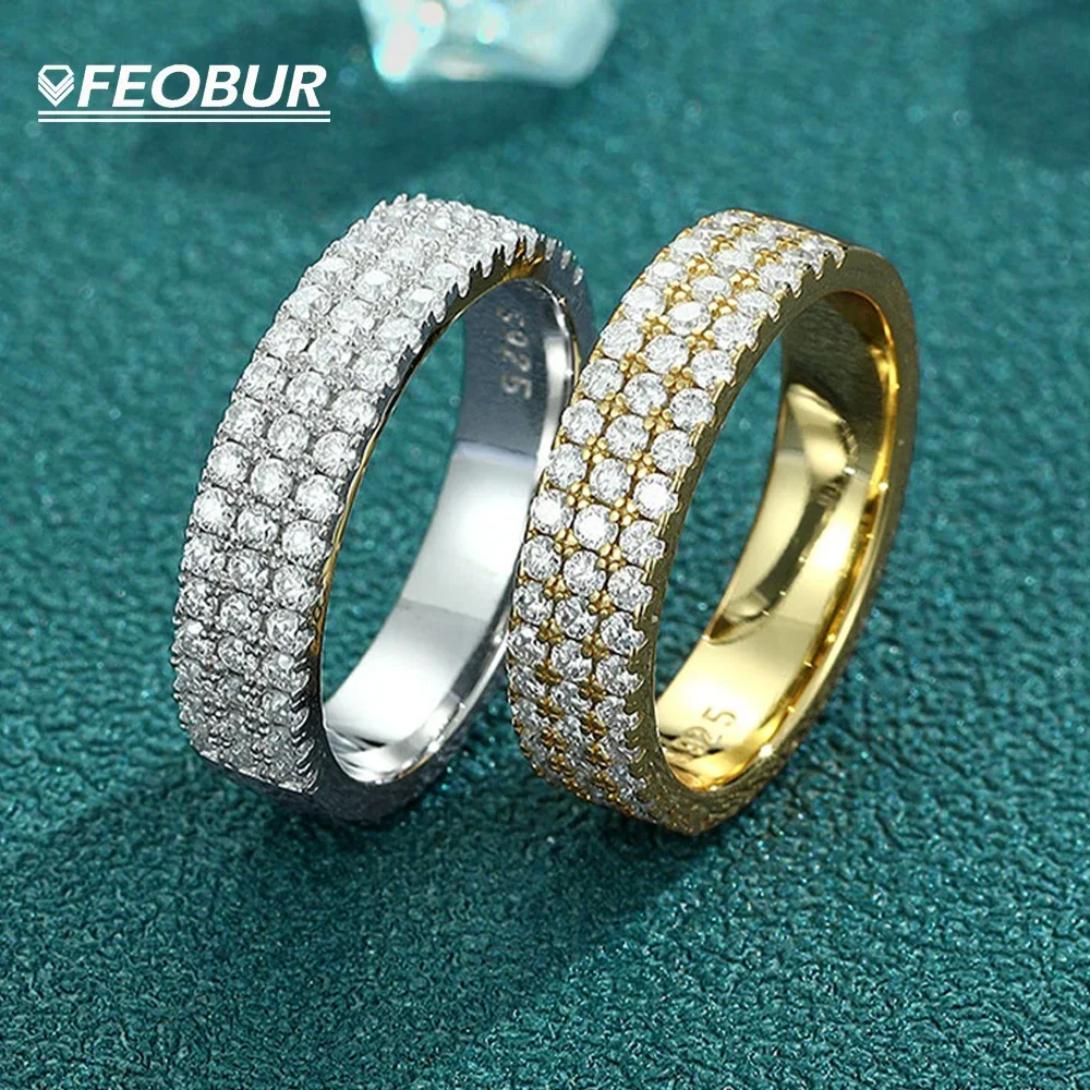 FEOBUR 3-Row Full 1.5mm Moissanite Eternity Ring for Woman 925 Sterling Sliver Plated 18k Hip Hop Rings Man Sparkling Jewely