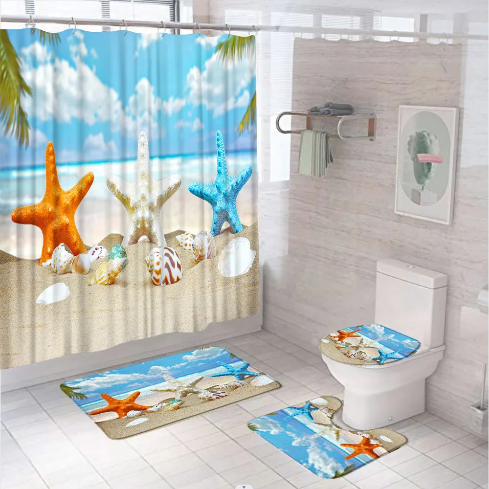 Beach Starfish Shower Curtain Set Palm Leaves Conch Hawaiian Ocean Scenery Bathroom Decor Non-Slip Rug Bath Mat Toilet Lid Cover