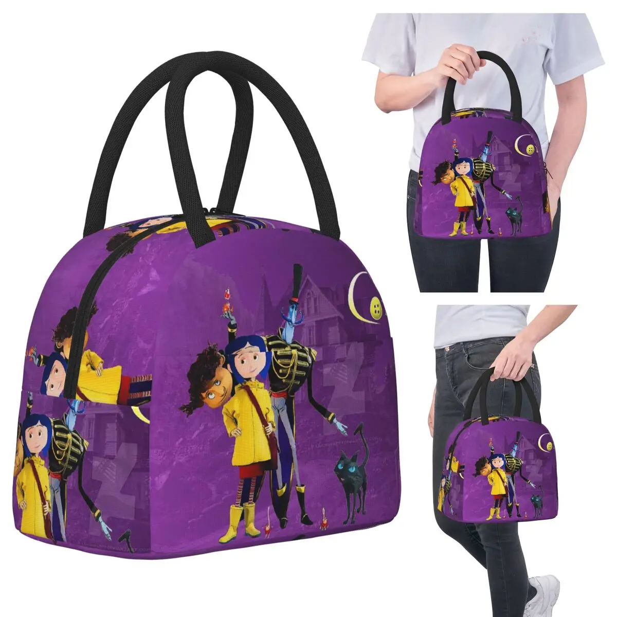Coralines Halloween Cartoon Anime Borse per il pranzo Bento Box isolato Borsa per il pranzo portatile Borsa da picnic Borsa termica per donna Ufficio per bambini