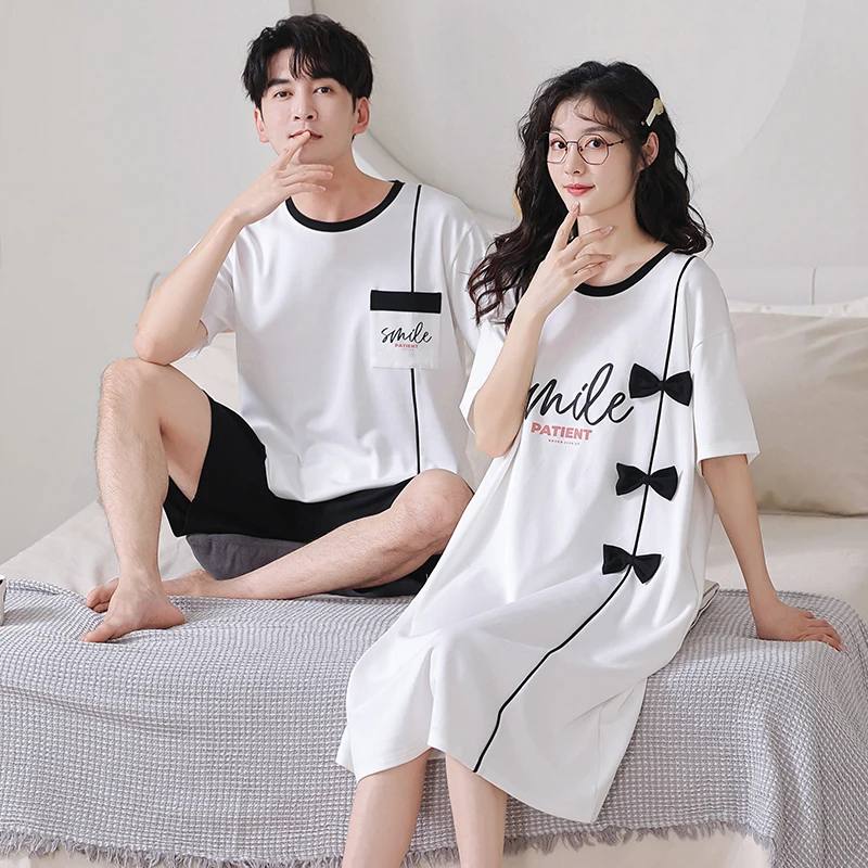 New Couple Pajamas Set Summer Short Sleeve Sleepwear 100% Cotton Men Women Fashion Pijamas Suit Hot sell Women Nightgown