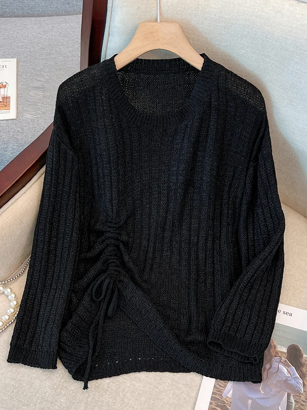 Long Sleeve Ice Silk Knitted Cover up Women's Thin Spring Summer Drawstring Casual Comfortable Soft Korean Style Top
