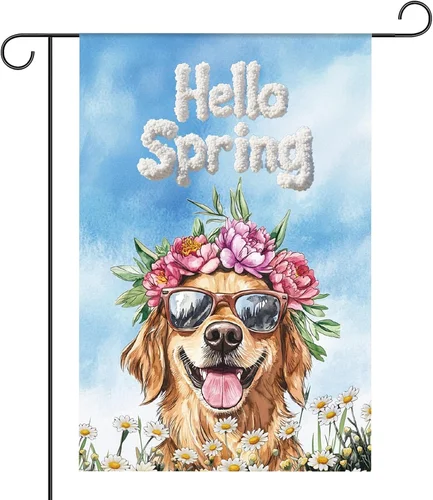 Hello Spring Dog Garden Flag, Linen Double Sided Spring Garden Yard Flag for Out HHJ LLG