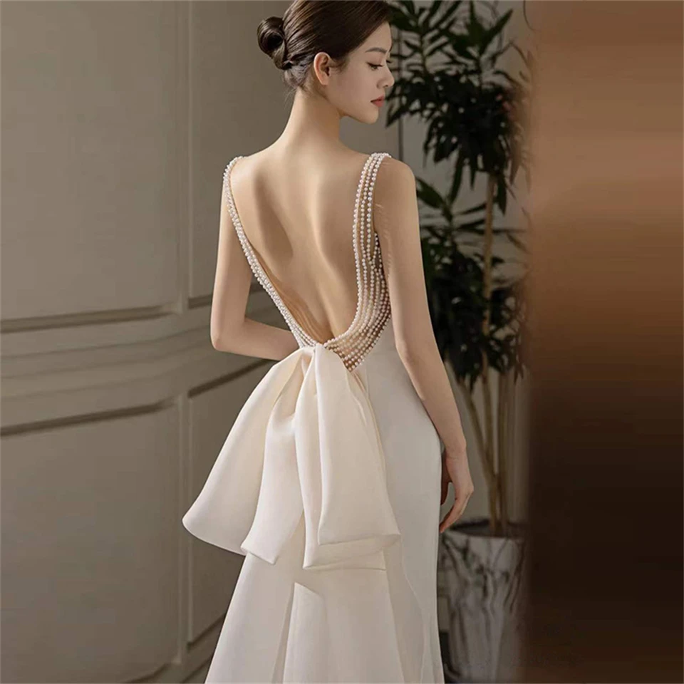 Elegant Spaghetti Strap Pearl Bow Backless Satin Wedding Dresses For Women 2024 Court Train Bridal Gowns Vestidos De Noiva