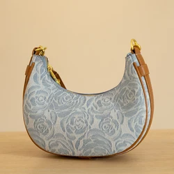 Half Moon Casual Bags For Women Luxury Designer Handbag And Purses 2024 New In Denim Embroidered Flower Small Cloth Shoulder Bag