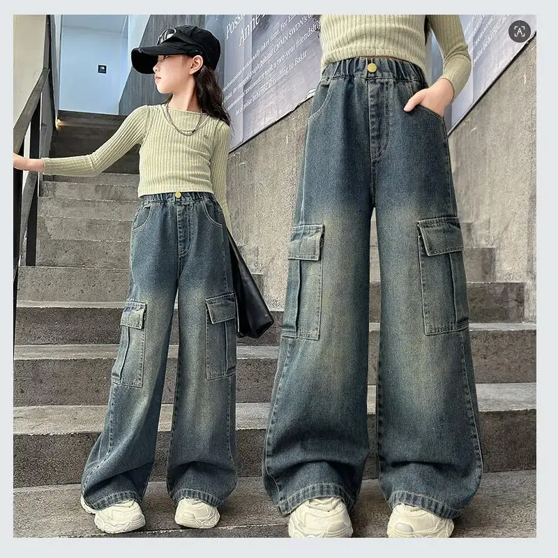 Mädchen Frühling Herbst Weitbein-Jeans 4-14 Jahre Kinder Teenager Elastische Hohe Taille Multi-Taschen Lose Lässige Streetwear-Hosen – Detail 4