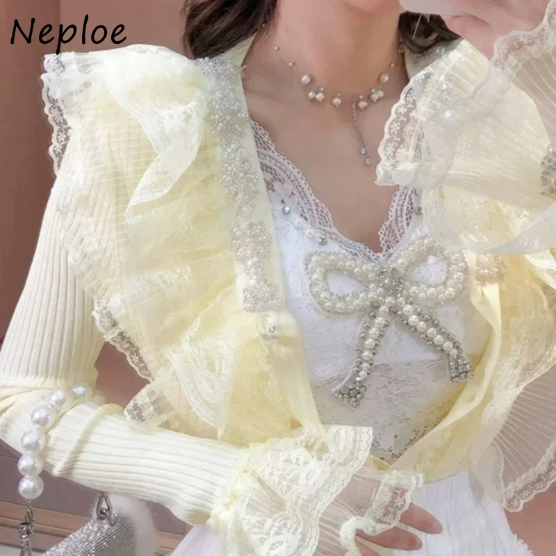 Neploe V Neck Beading Diamonds Lace Patchwork Outerwear Autumn Winter Long Sleeve Single-breasted Sweater Vintage Cardigan Women