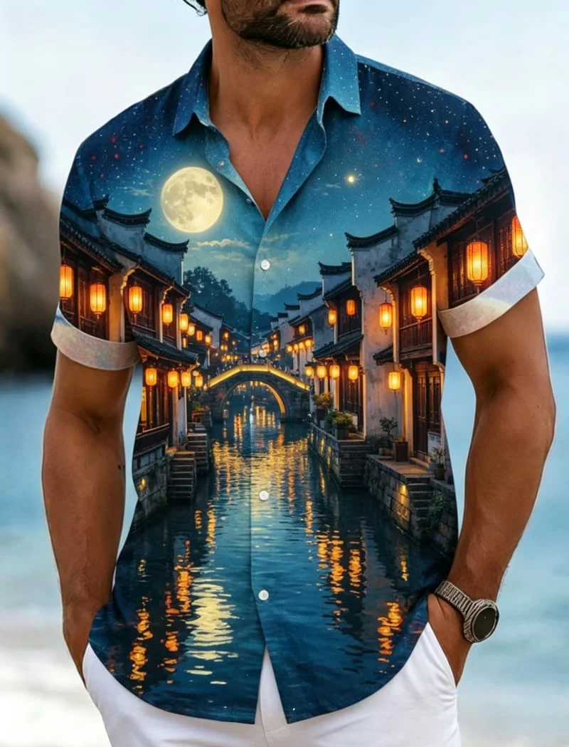 

Men's starry sky and sunset print shirt, a dreamy artistic style, for summer , beach trips, daily commutes, and casual wear